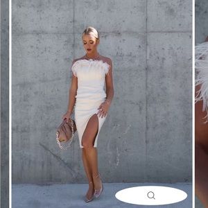 NO COMPETITION HERE FAUX LEATHER FEATHER TRIM MIDI DRESS - ECRU